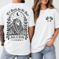 Personalized Til Death Couple Shirts, Custom Skeleton Wedding Tees, Names & Date, Gothic Bride Groom Matching Shirts