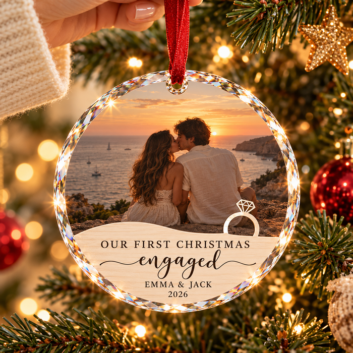 Our First Christmas Engaged Photo Ornament – Personalized Engagement Couple Gift