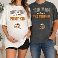 Custom Growing A Little Pumpkin T-Shirt, The Man Behind Tee, New Parents Gift, Pumpkin Couple Shirt, Autumn Mama Shirt