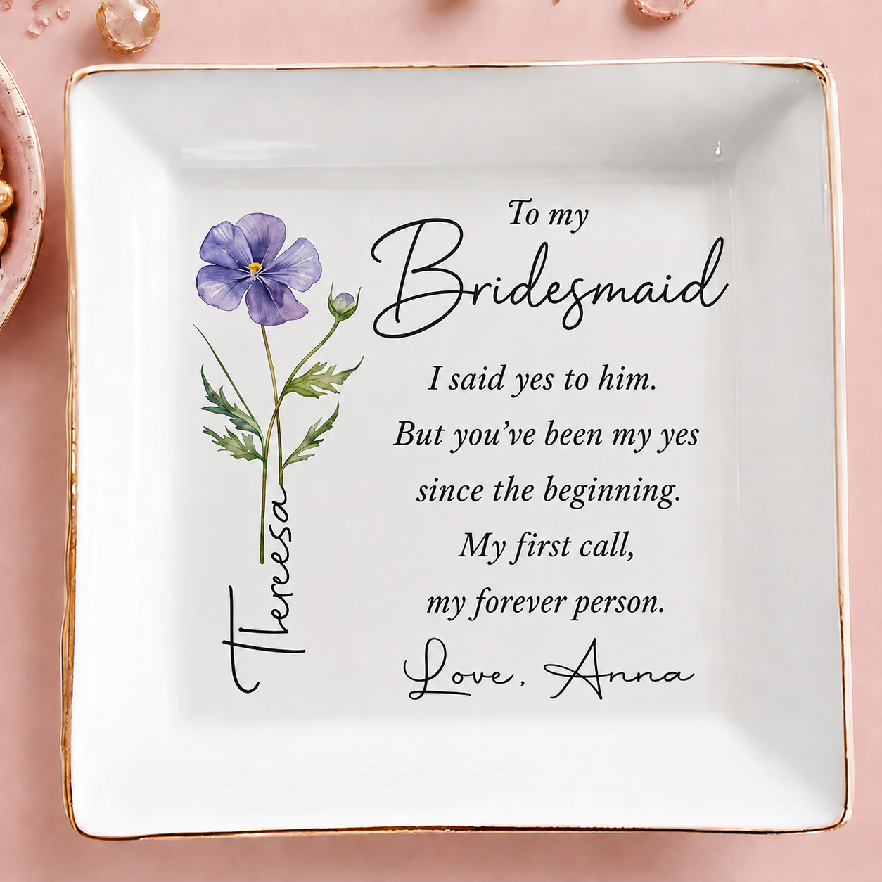 Personalized Bridesmaid Wedding Jewelry Dish With Birth Flower, Bachelorette Trip, Bridal Shower Gift