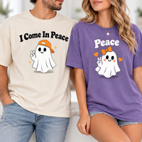 I Come In Peace & Peace Ghost Comfort Colors Tees, Matching Halloween Couple Shirts