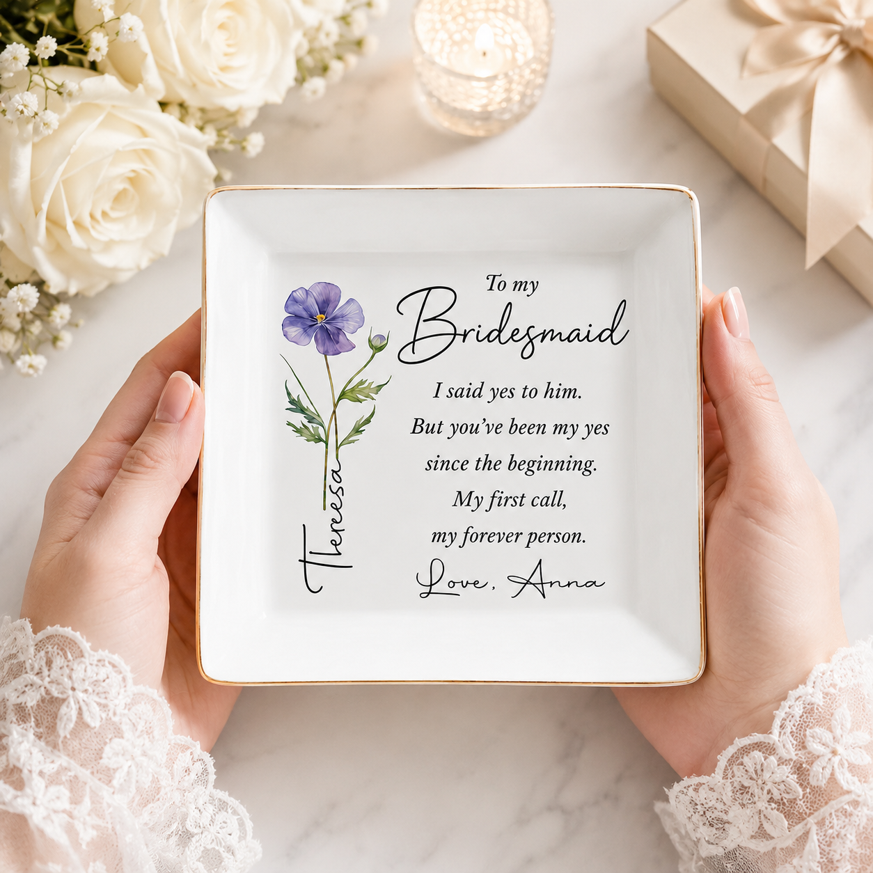 Personalized Bridesmaid Wedding Jewelry Dish With Birth Flower, Bachelorette Trip, Bridal Shower Gift
