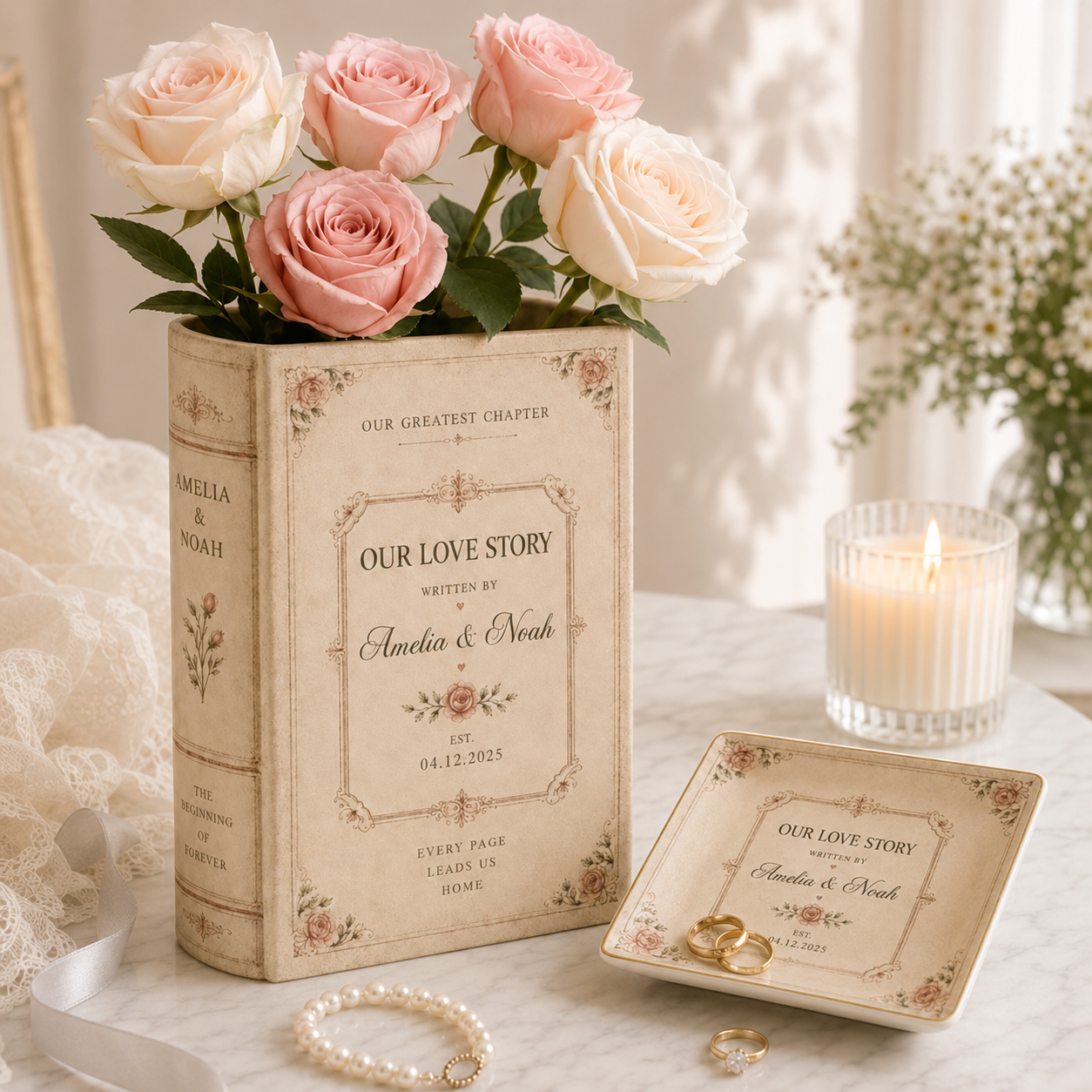 Personalized Ceramic Book Vase, Custom Wedding Flower Vase, Couple Initials Gift, Personalised Wedding Gift for Couple