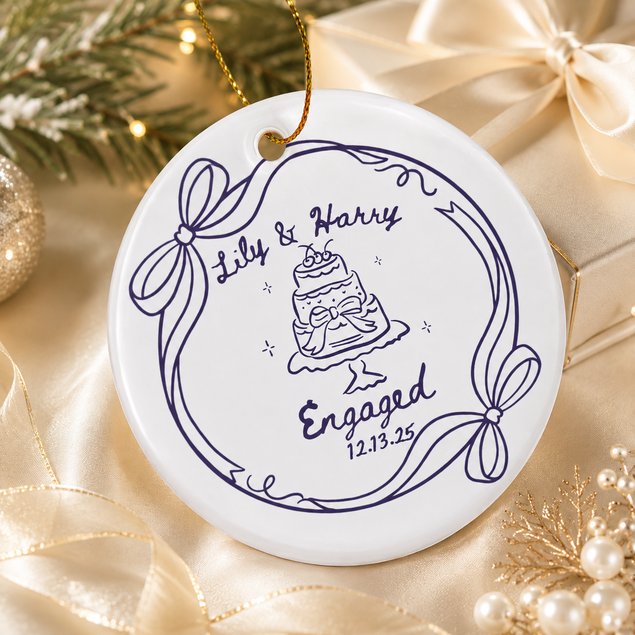 Personalized Engagement Ceramic Ornament for Couples, Custom Names & Date Keepsake, Wedding Gift for Bride & Groom