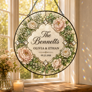 Personalized Last Name Stained Glass Suncatcher, Custom Couple Names and Wedding Date, Floral Anniversary Gift, Wedding Window Decor