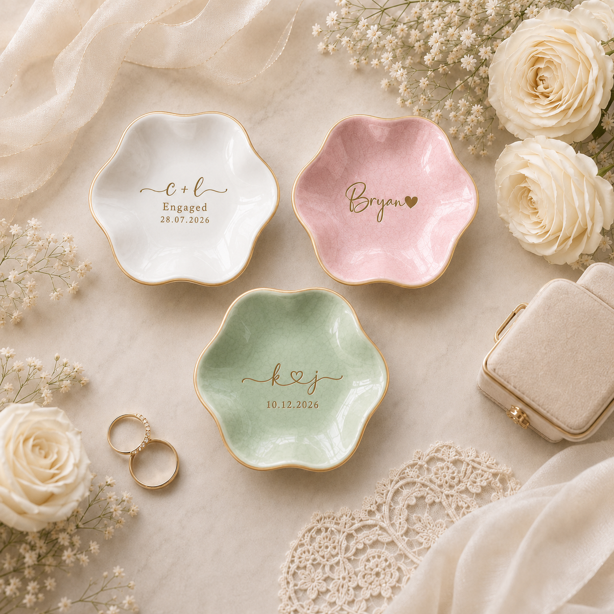 Personalized Ceramic Ring Dish, Custom Jewelry Tray with Gold Engraving, Wedding Ring Holder, Engagement Gift for Her, Mr and Mrs Gift