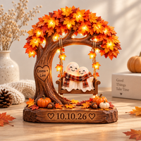 Personalized Fall Couple Wooden Block, Custom Names & Date Anniversary Gift, Ghost Couple Autumn Keepsake, Wedding Date Decor