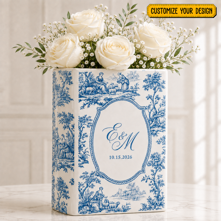 Custom Weding Ceramic Book Vase, Personalized Wedding Flower Vase, Toile de Jouy Vase, Couple Initial Vase, Bridal Shower Gift