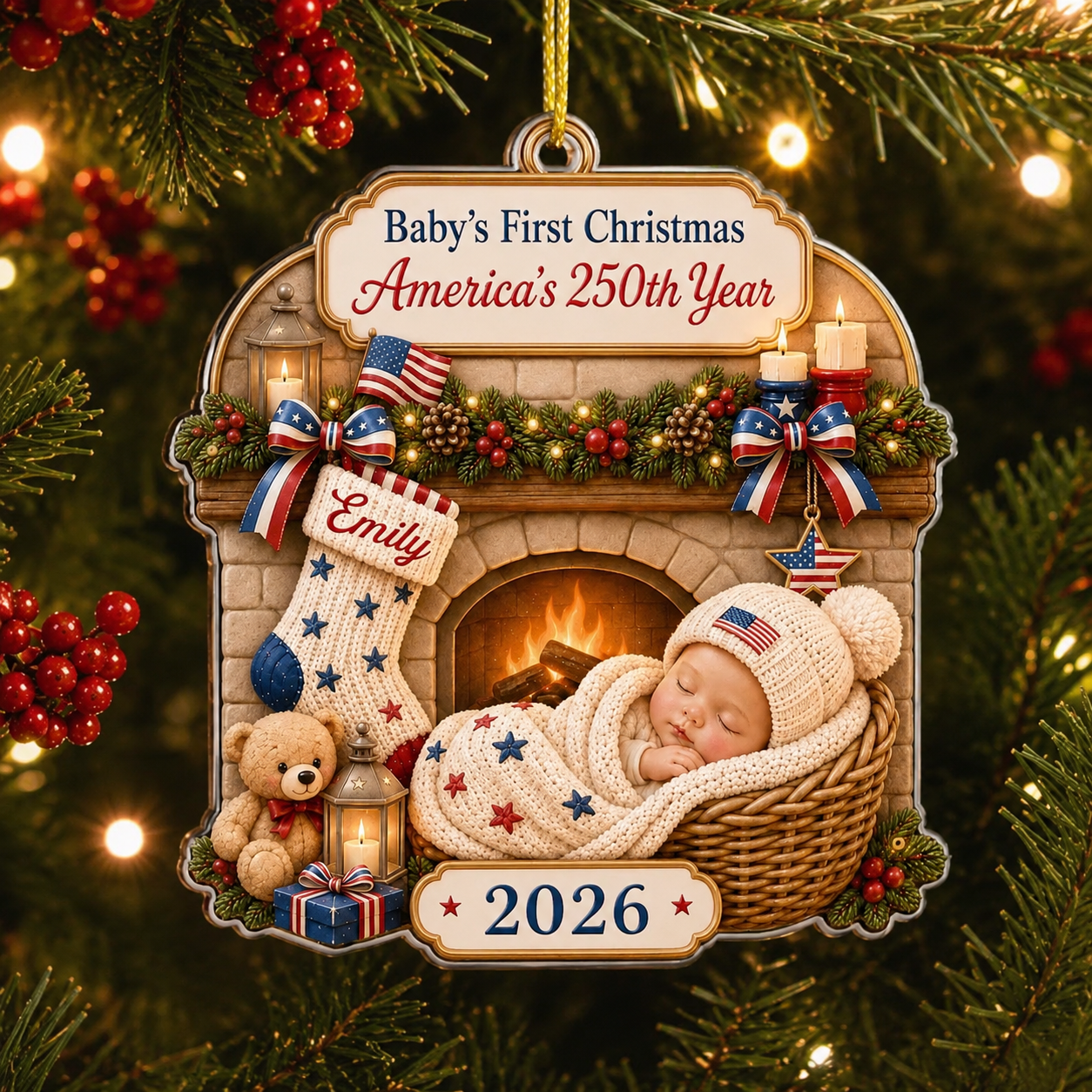 Custom Baby’s First Christmas Ornament 2026, America 250th Anniversary Newborn Gift & Family Keepsake