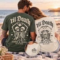 Personalized ’Til Death Skeleton Couple Shirts – Custom Names & Date