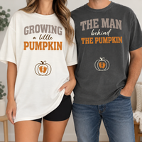 Custom Growing A Little Pumpkin T-Shirt, The Man Behind Tee, New Parents Gift, Pumpkin Couple Shirt, Autumn Mama Shirt