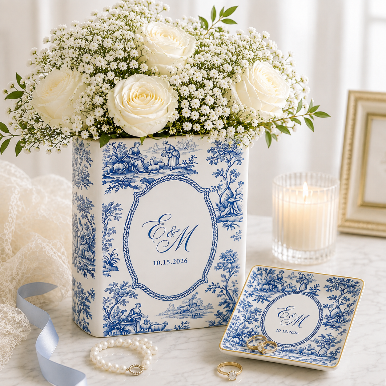 Custom Weding Ceramic Book Vase, Personalized Wedding Flower Vase, Toile de Jouy Vase, Couple Initial Vase, Bridal Shower Gift