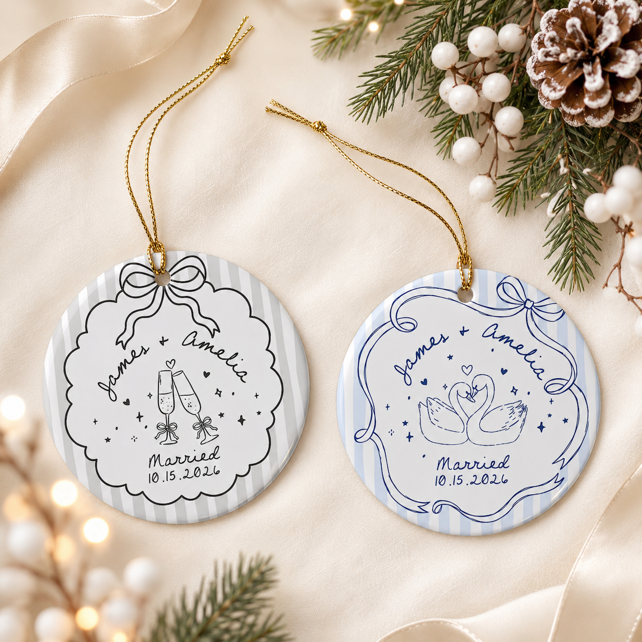 Personalized Ceramic Ornament for Engaged Couples, Custom Names & Date Engagement Keepsake, Wedding Gift for Bride & Groom