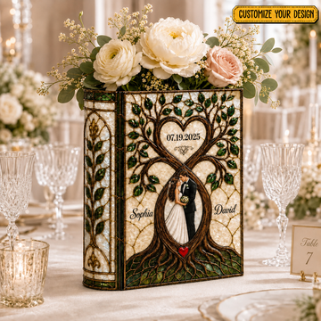 Personalized Stained Glass Wedding Book Vase, Custom Couple Heart Tree Vase, Bridal Shower Gift, Anniversary Keepsake, Gift for Bride