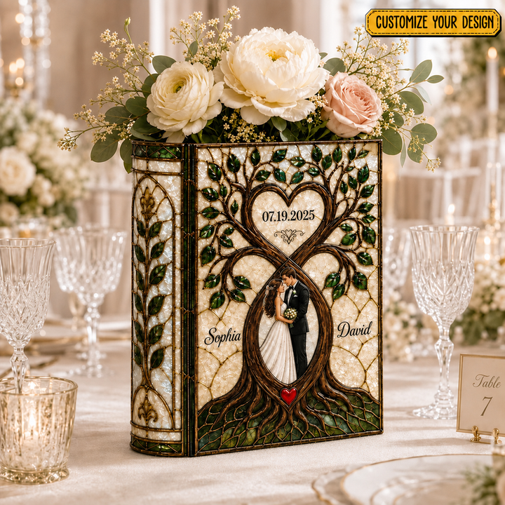 Personalized Stained Glass Wedding Book Vase, Custom Couple Heart Tree Vase, Bridal Shower Gift, Anniversary Keepsake, Gift for Bride