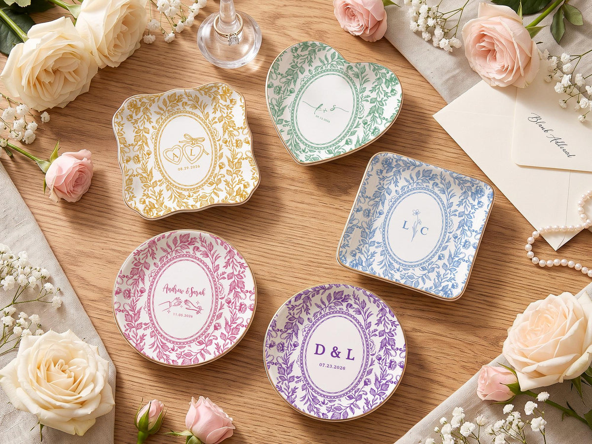 Personalized Toile Wedding Jewelry Dish, Custom Initials Ceramic Ring Dish image 2