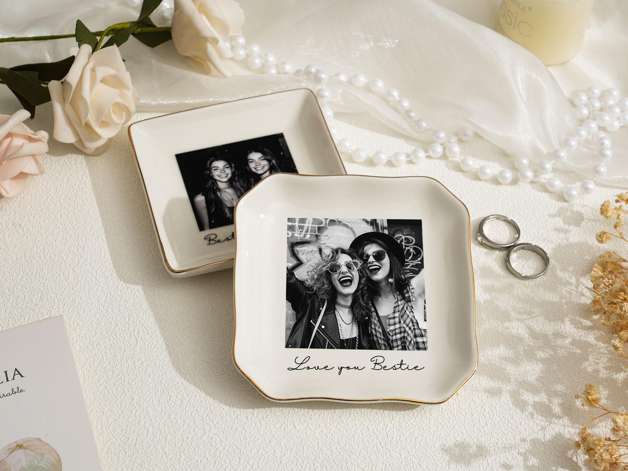 Personalised Photo Trinket Dish with Stand: Custom Jewelry Ring Dish, Wedding Gift, Bridesmaid Proposal, Trinket Tray for Best Friend/Bestie