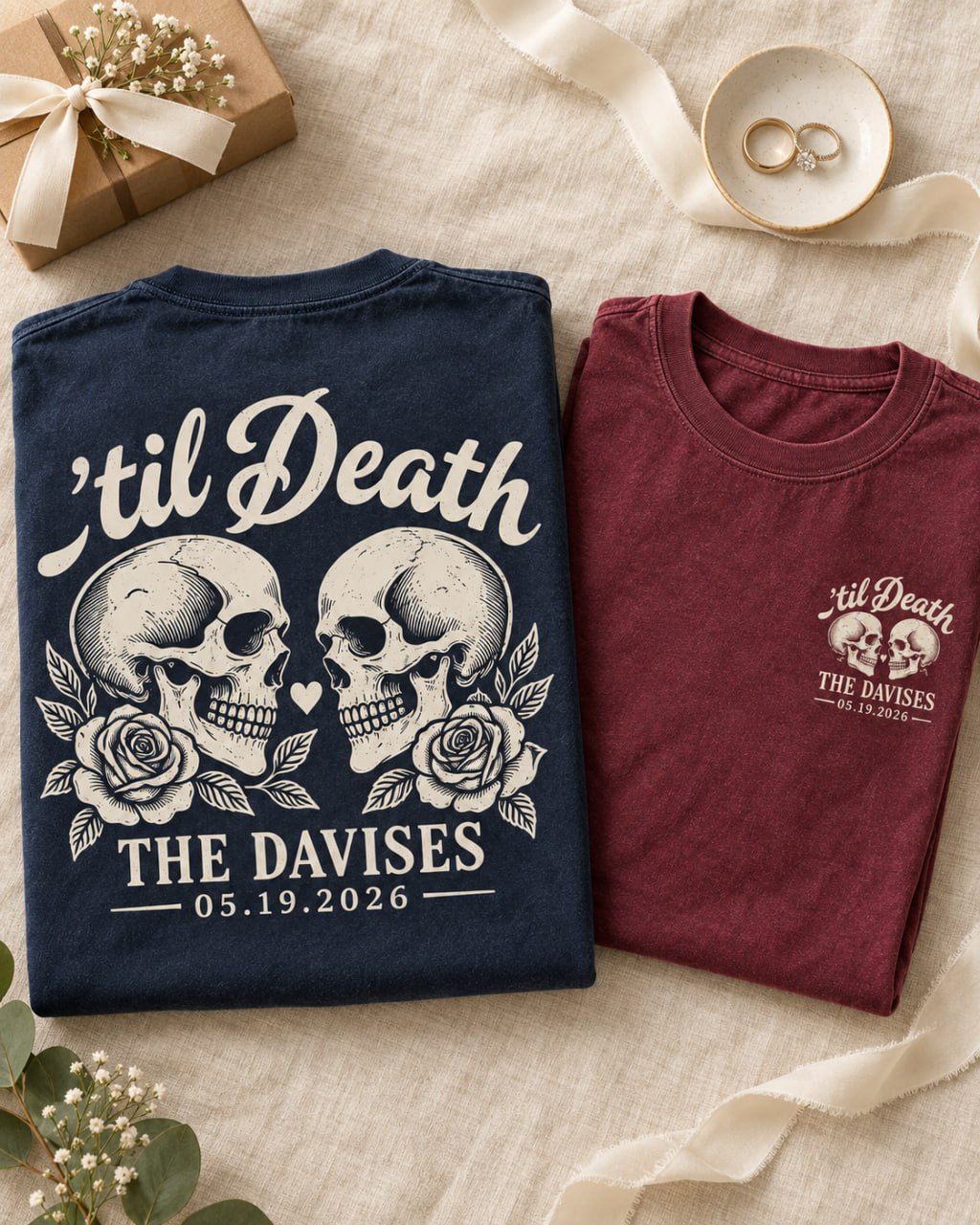 Personalized skull and roses wedding shirts flat lay