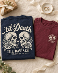 Personalized skull and roses wedding shirts flat lay