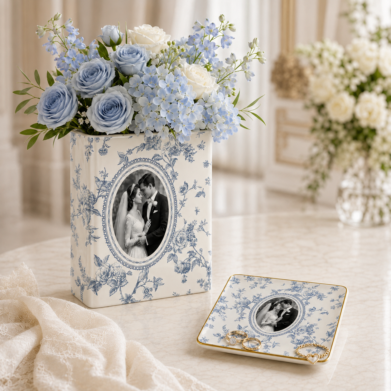 Custom Wedding Photo Ceramic Book Vase, Gift for Bride, Toile De Jouy Book Vase, Wedding Day Gift from Daughter, Wedding Gift for Couple