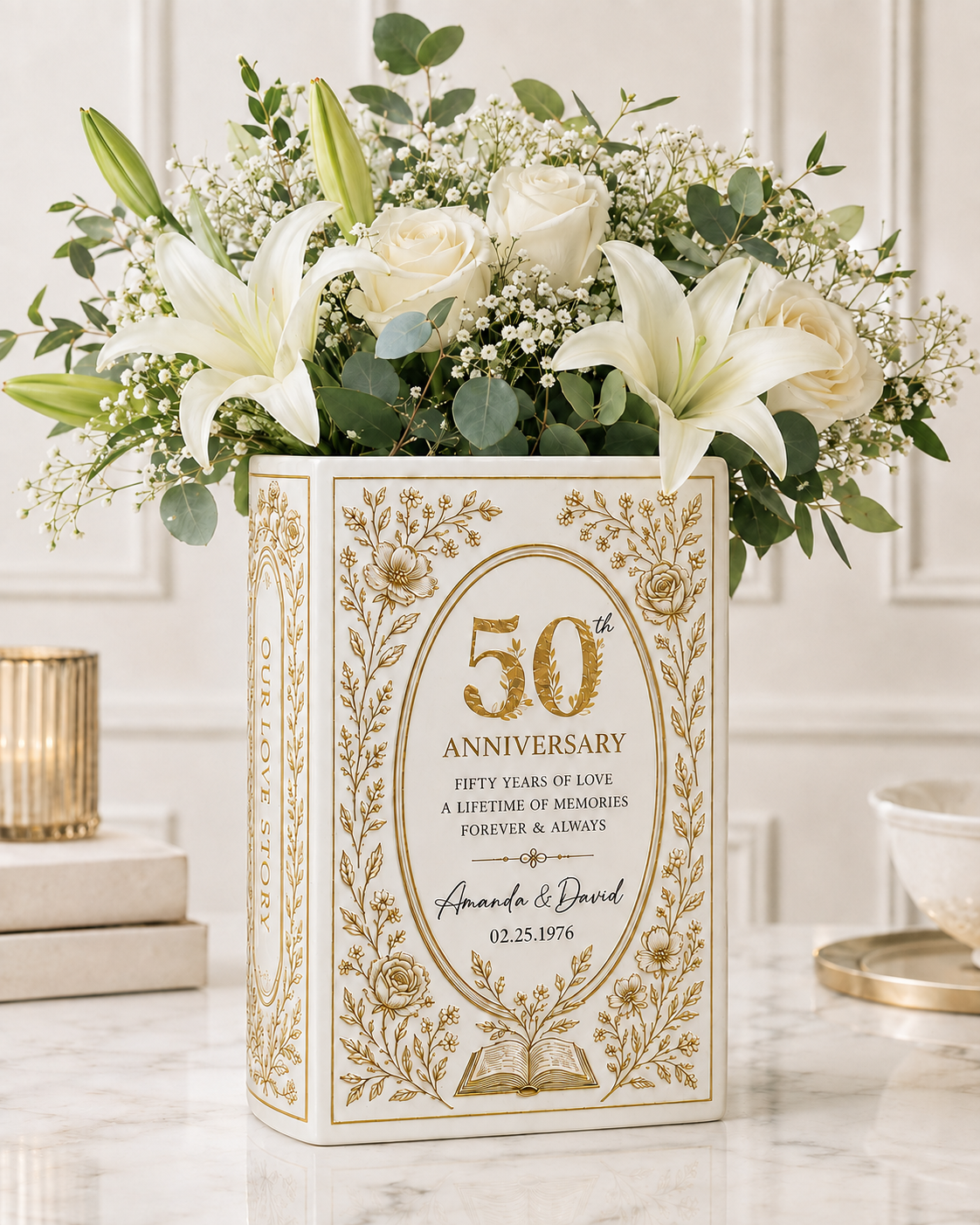 Personalized Milestone Anniversary Book Vase & Jewelry Dish Set, Custom Anniversary Year Couple Gift, Romantic Wedding Keepsake