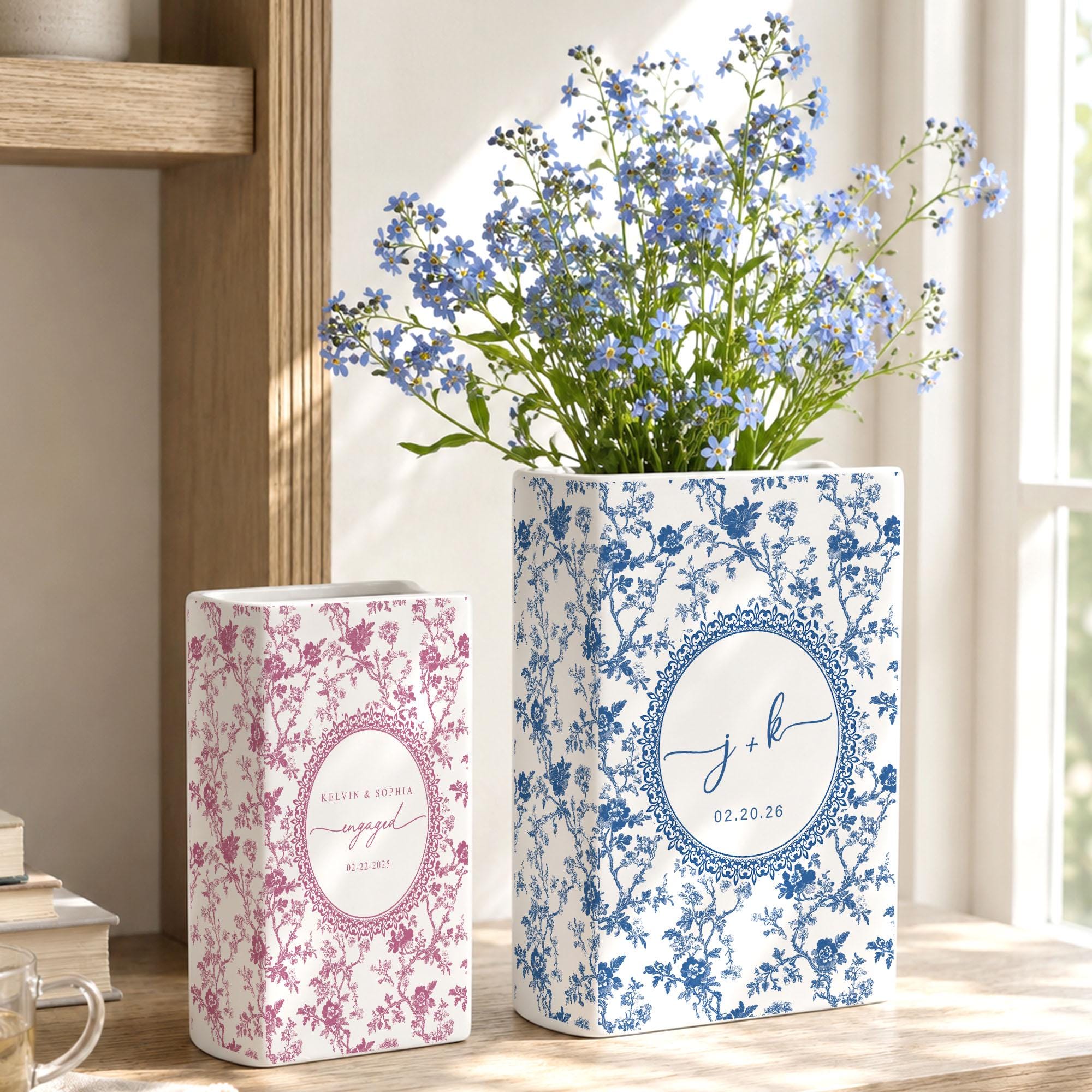 Personalized Wedding Ceramic Book Vase, Custom Wedding Vase, Toile de Jouy Vase, Couple Initial Gift, Bridal Shower Gift