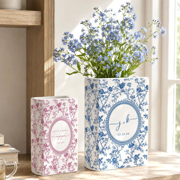 Personalized Wedding Ceramic Book Vase, Custom Wedding Vase, Toile de Jouy Vase, Couple Initial Gift, Bridal Shower Gift