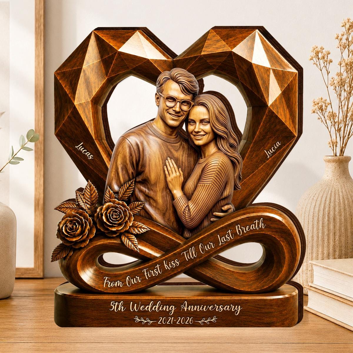 Personalized couple photo wooden heart plaque mockup 2