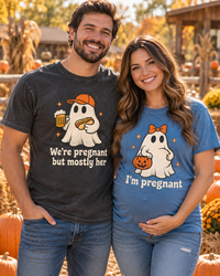 Halloween pregnancy announcement ghost couple shirts outdoor mockup