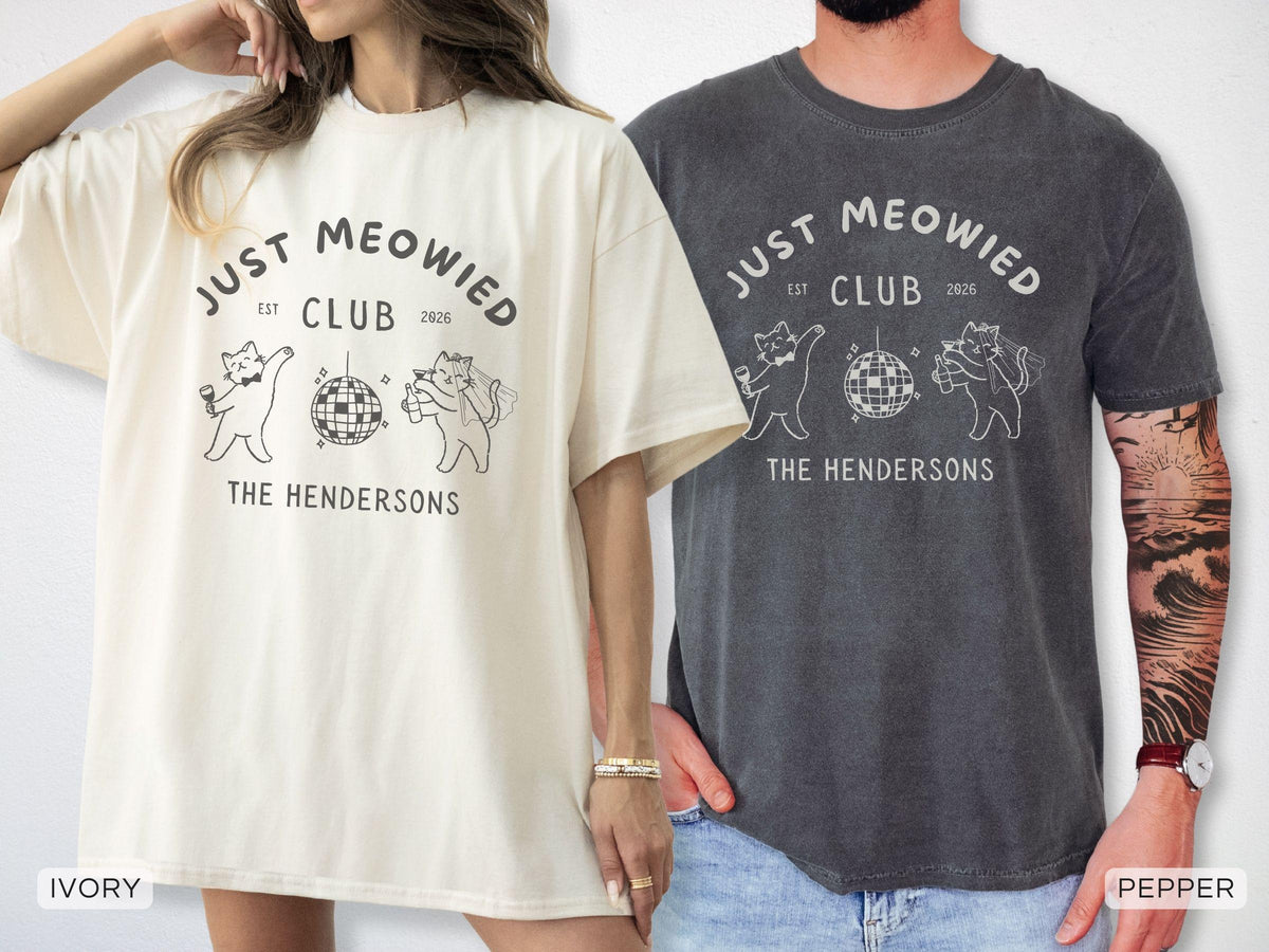Personalized Just Meowied Club Shirt, Custom Cat Wedding Comfort Colors Tee image 2