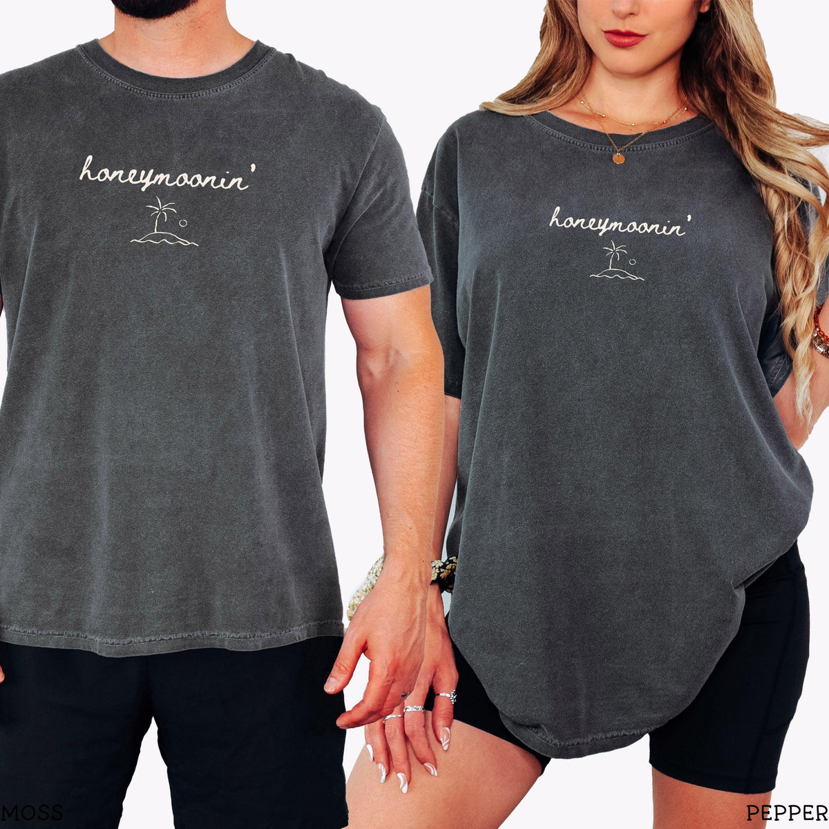 Honeymoonin' matching couple Comfort Colors tees in Pepper