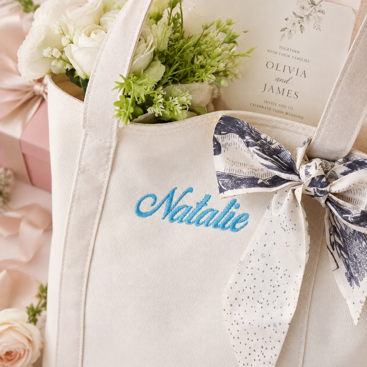 Personalized Embroidered Canvas Tote Bag for Bridesmaids, Custom Name Wedding Party Gift & Bachelorette Favor