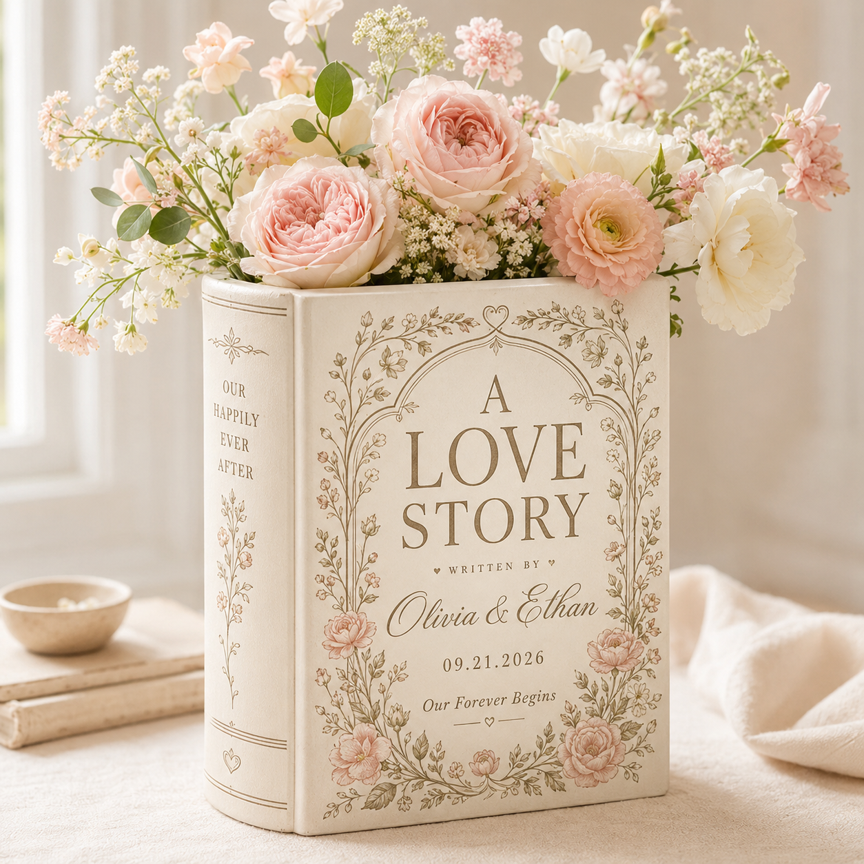 Personalized Ceramic Book Vase, Custom Wedding Love Story Flower Vase With Names,  Couple Decor Gift
