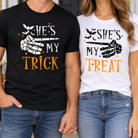 Matching Halloween Couple Shirts, He’s My Trick She’s My Treat Skeleton T-Shirts, Funny Couples Costume