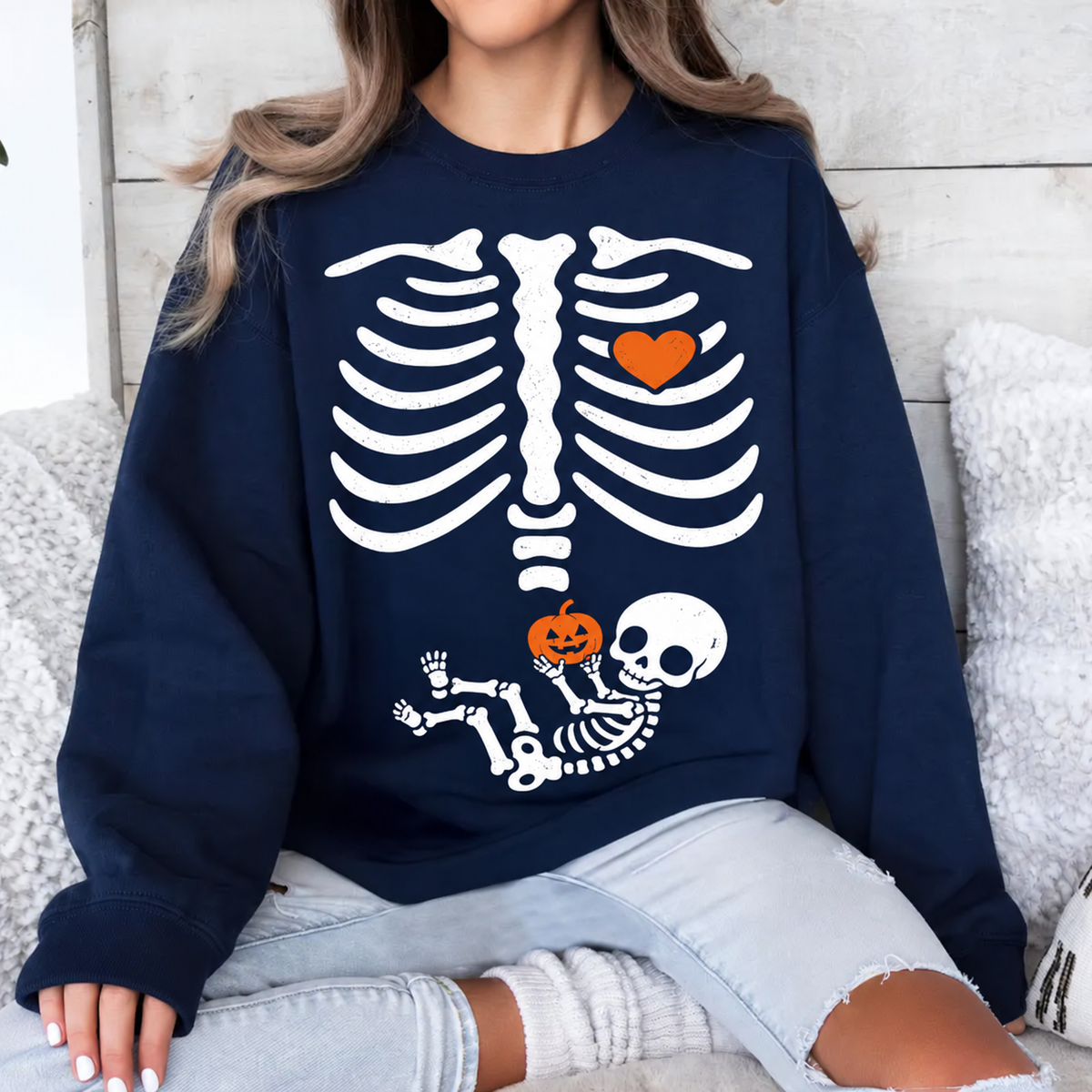 Halloween Skeleton Pregnancy Sweatshirt & Hoodie, Matching Couple Baby Announcement mockup 6
