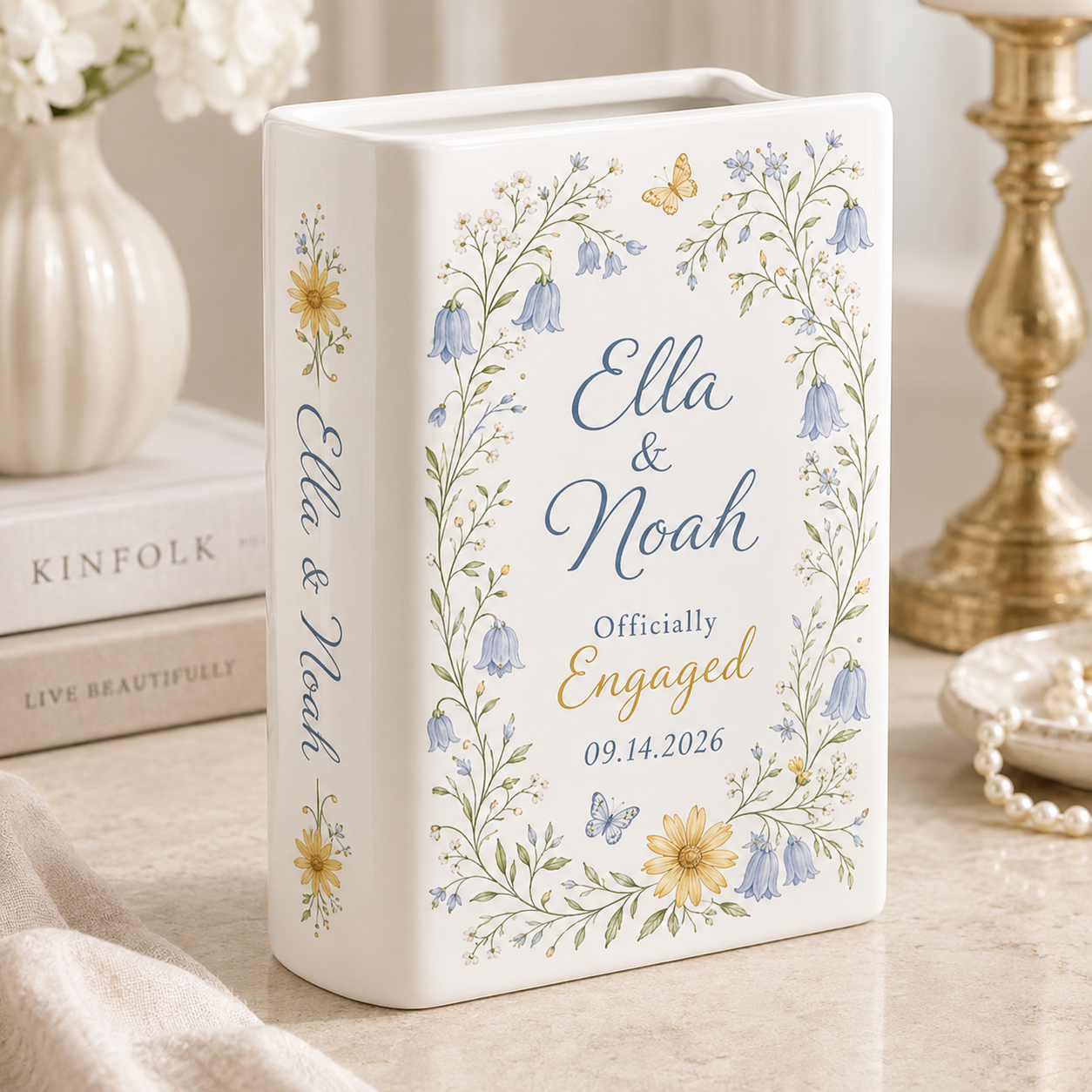 Personalized Engagement Ceramic Book Vase, Custom Couple Names and Date, Engaged Gift for Bride to Be, Wedding Couple Gift