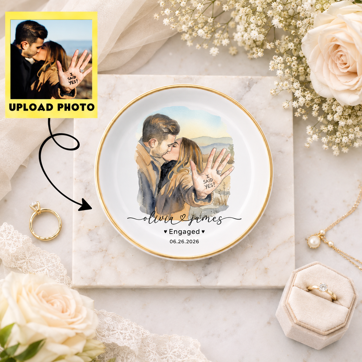 Custom Photo Engagement Ring Dish Holder, Personalized Couple Gift , Engagement Gift for Her