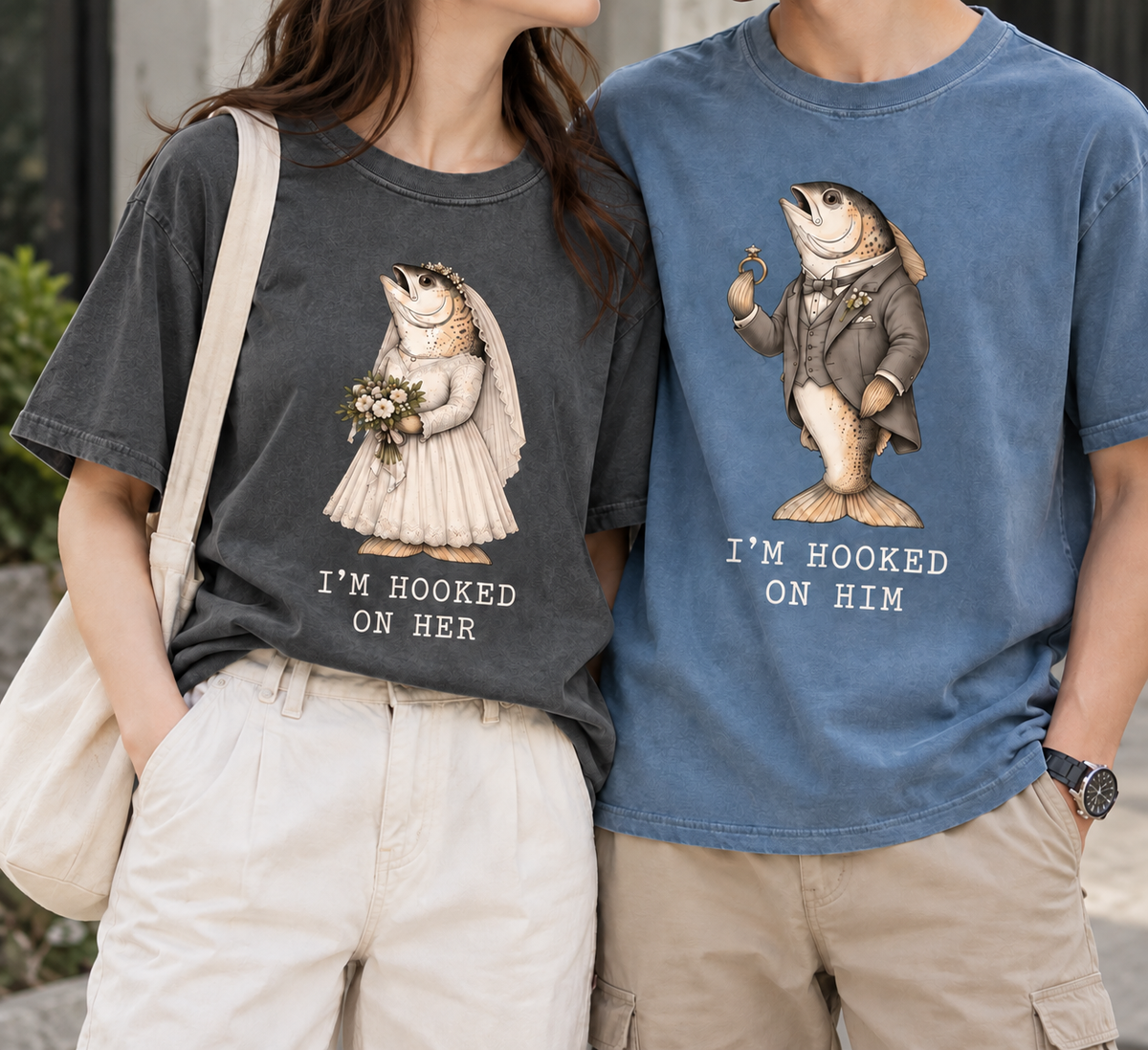 I'm Hooked on Him and Her fish wedding couple shirt mockup 2