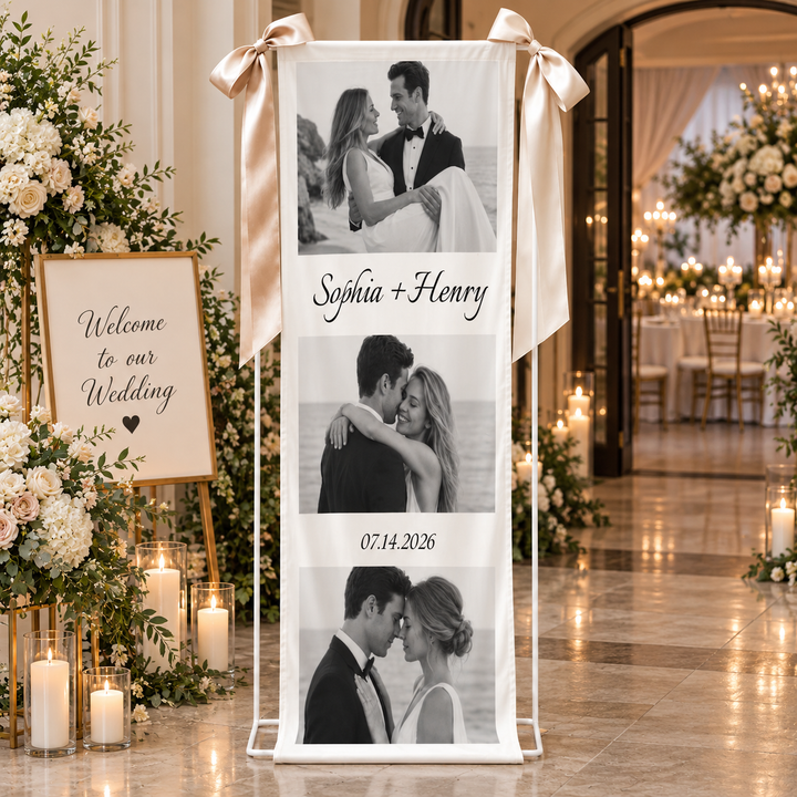 Personalized Photo Wedding Tapestry for Ceremony, Custom 3 Photo Wedding Welcome Banner, Couple Names & Date Fabric Sign
