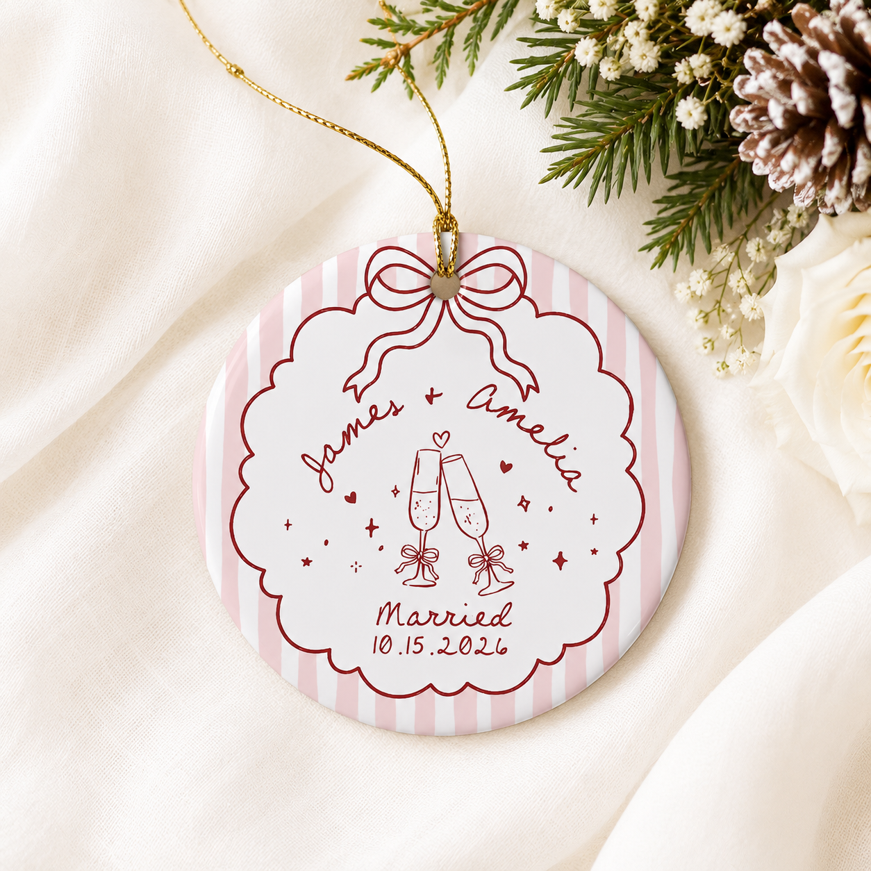 Personalized Ceramic Ornament for Engaged Couples, Custom Names & Date Engagement Keepsake, Wedding Gift for Bride & Groom