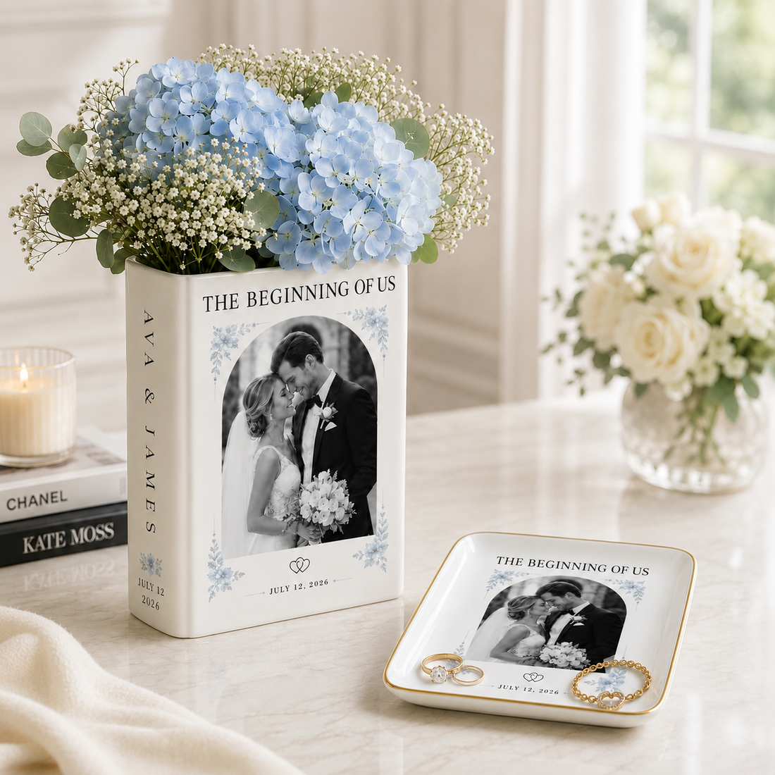 Custom Wedding Photo Ceramic Book Vase, Personalized Romantic Newlyweds Gift for Couple, Anniversary Flower Vase, Bride Groom Keepsake