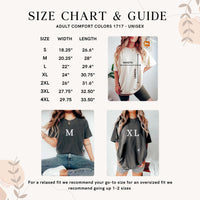 The image is a size chart and guide for adult comfort colors 1717 - unisex. It provides the recommended size for each color based on the model's measurements. For a relaxed fit, we recommend going up to 1-2 sizes.