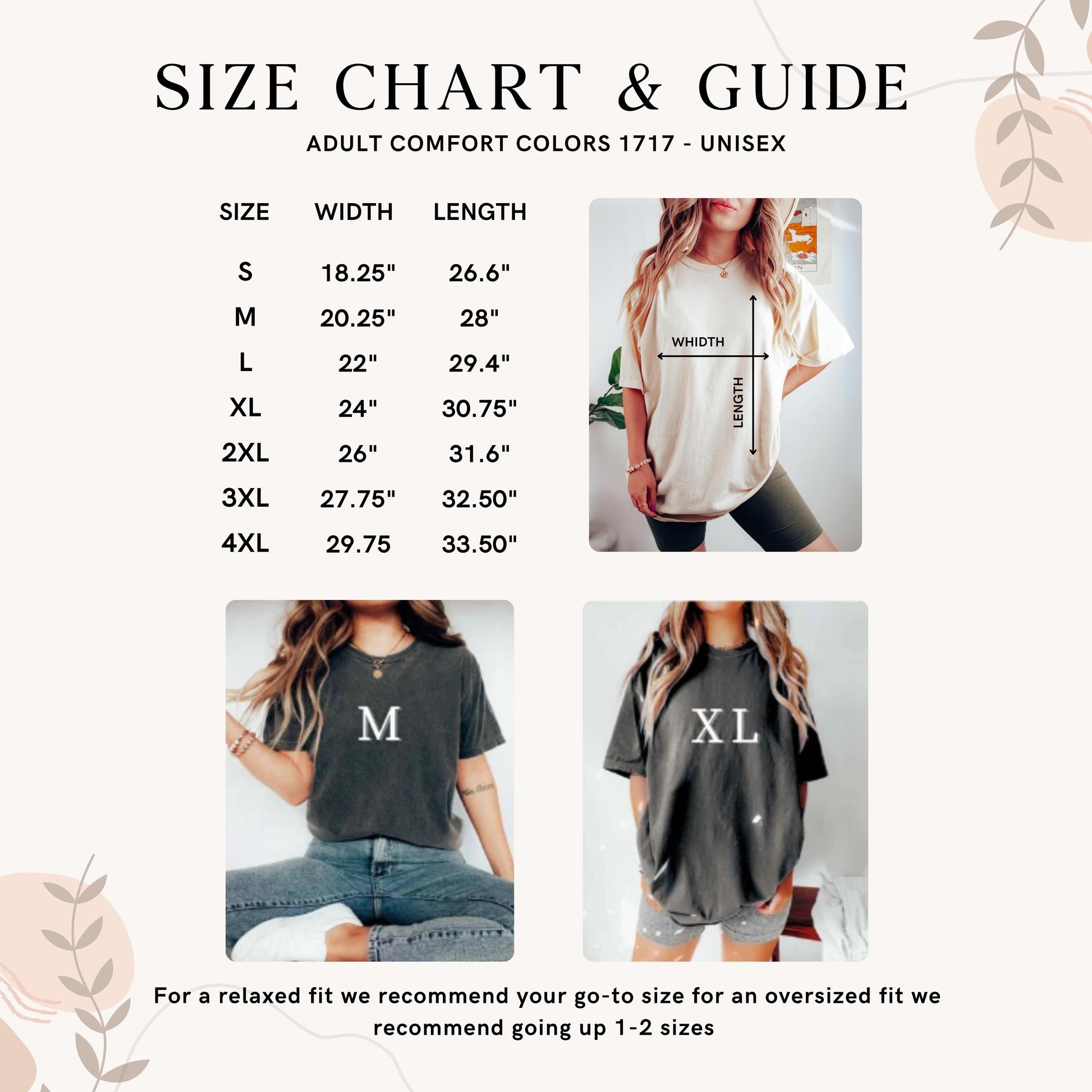The image is a size chart and guide for adult comfort colors 1717 - unisex. It provides the recommended size for each color based on the model's measurements. For a relaxed fit, we recommend going up to 1-2 sizes.