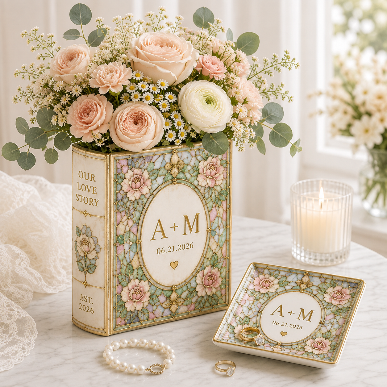 Personalized Ceramic Book Vase, Stained Glass Floral Design, Wedding Couple Gift