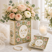 Personalized Ceramic Book Vase, Stained Glass Floral Design, Wedding Couple Gift