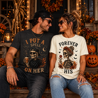 Halloween Matching Couple Shirts, Matching Skeleton Couple Tees, I Put a Spell on Her & Forever His, Spooky Couples Halloween Gift