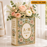 Personalized Ceramic Book Vase, Stained Glass Floral Design, Wedding Couple Gift