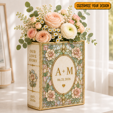 Personalized Ceramic Book Vase, Stained Glass Floral Design, Wedding Couple Gift