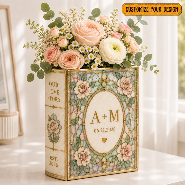 Personalized Ceramic Book Vase, Stained Glass Floral Design, Wedding Couple Gift