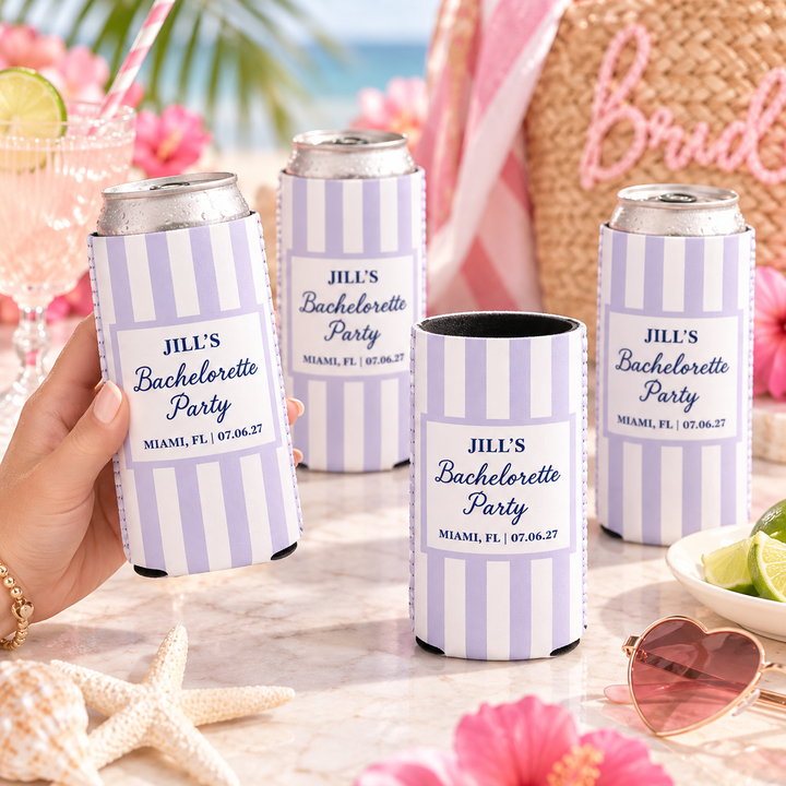Coastal Bachelorette Personalized Can Cooler, Custom Name Date & Location Can Sleeve, Pastel Beach Bridal Party Favor